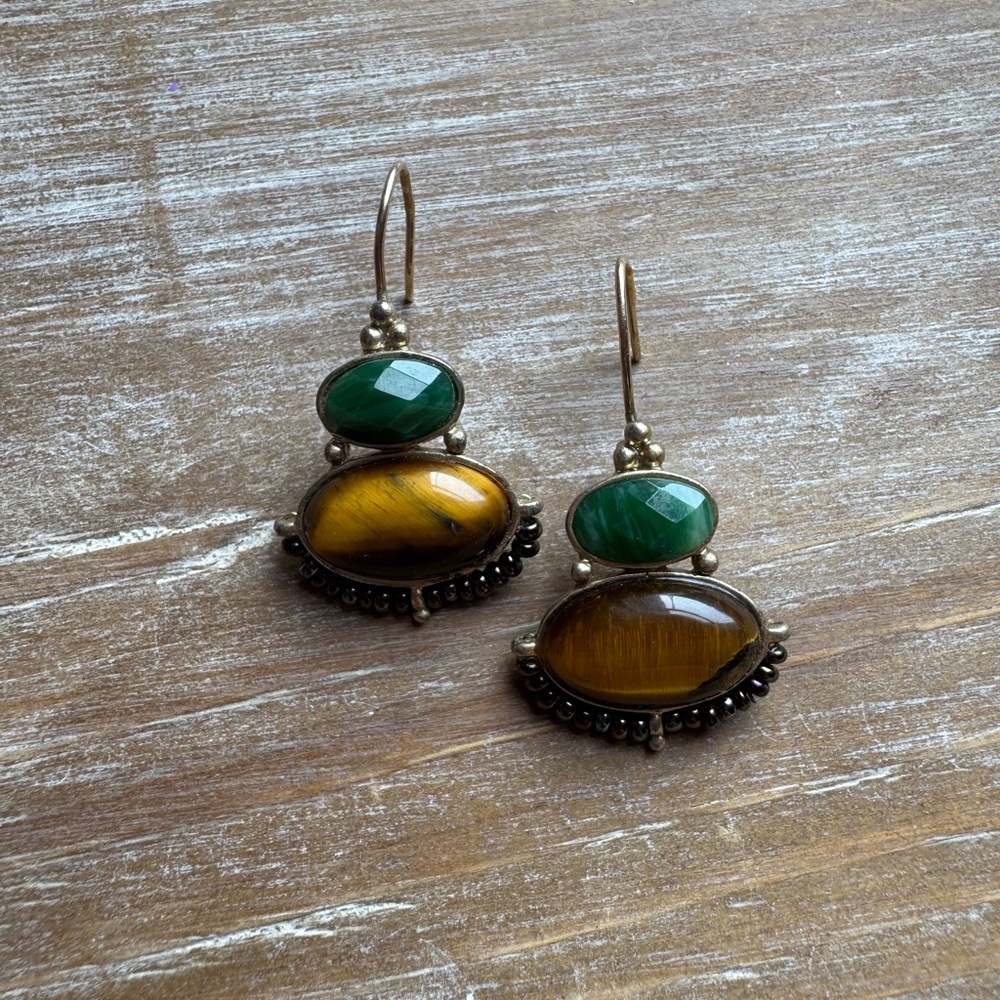LC Lauren Conrad Vintage Green and Brown Tigers Eye Stone Earrings
